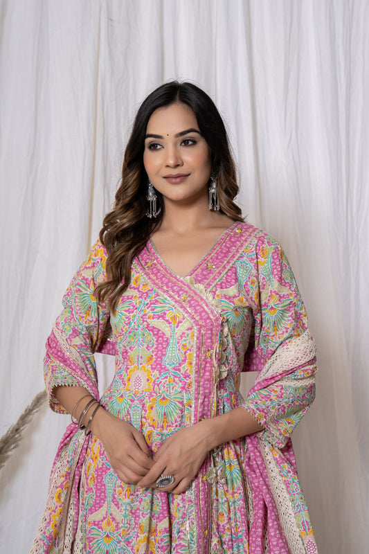 Multicolour Floral Print Angrakha Cotton Suit Set (3 piece suit)