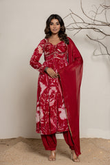 Scarlet Red Printed Chinon Anarkali Kurta