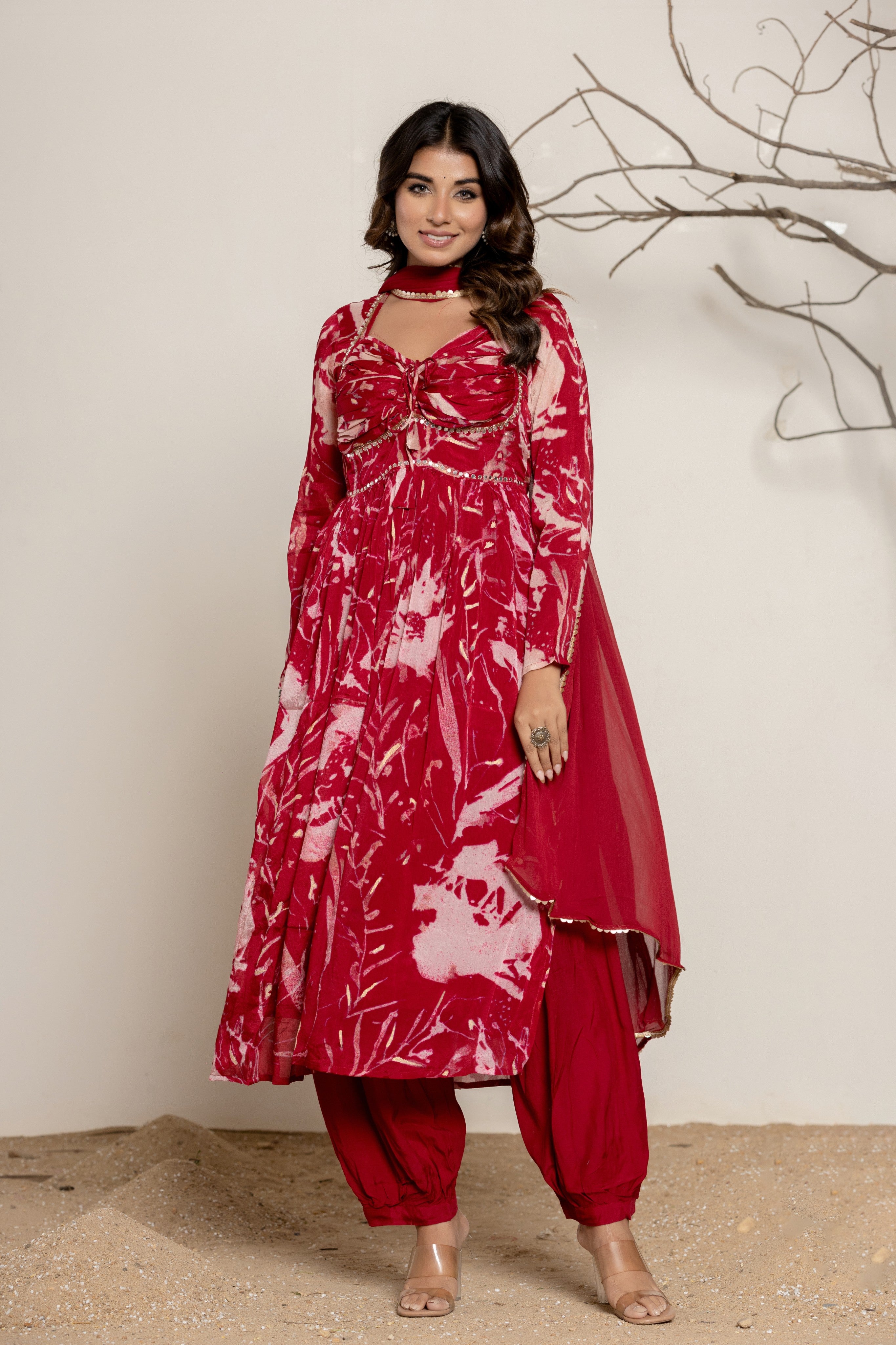 Scarlet Red Chinon Anarkali Kurta