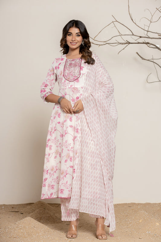 White Floral Print Pure Cotton Kurta Set (3 piece suit)