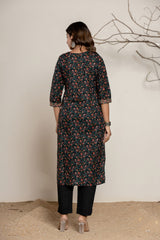 Black Floral Print Pure Cotton Kurta Set (3 piece suit)