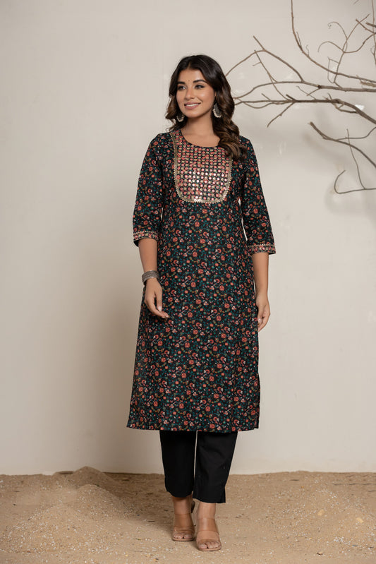 Black Floral Print Pure Cotton Kurta Set (3 piece suit)