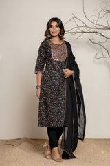 Black Floral Print Pure Cotton Kurta Set (3 piece suit)