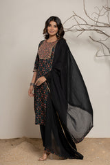 Black Floral Print Pure Cotton Kurta Set (3 piece suit)