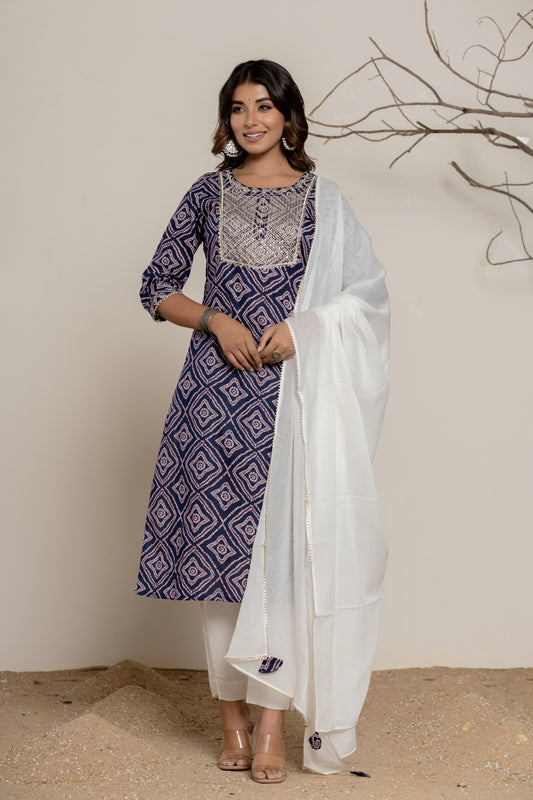 Midnight Blue Bandhani Print Pure Cotton Kurta Set (3 piece suit)