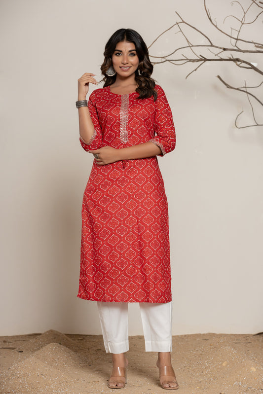 Red Bandhani Print Pure Cotton Kurta for Women