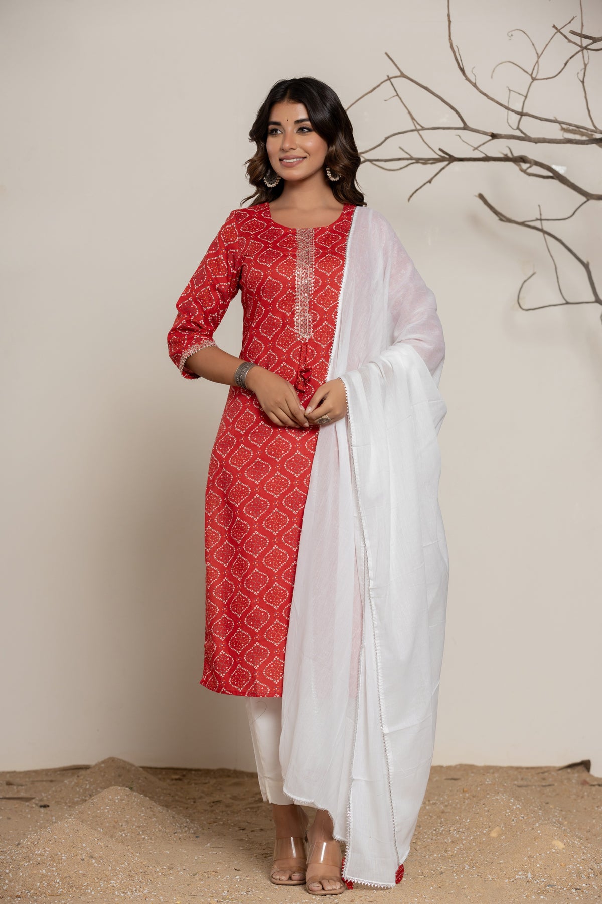 Red Bandhani Print Cotton Kurta Set