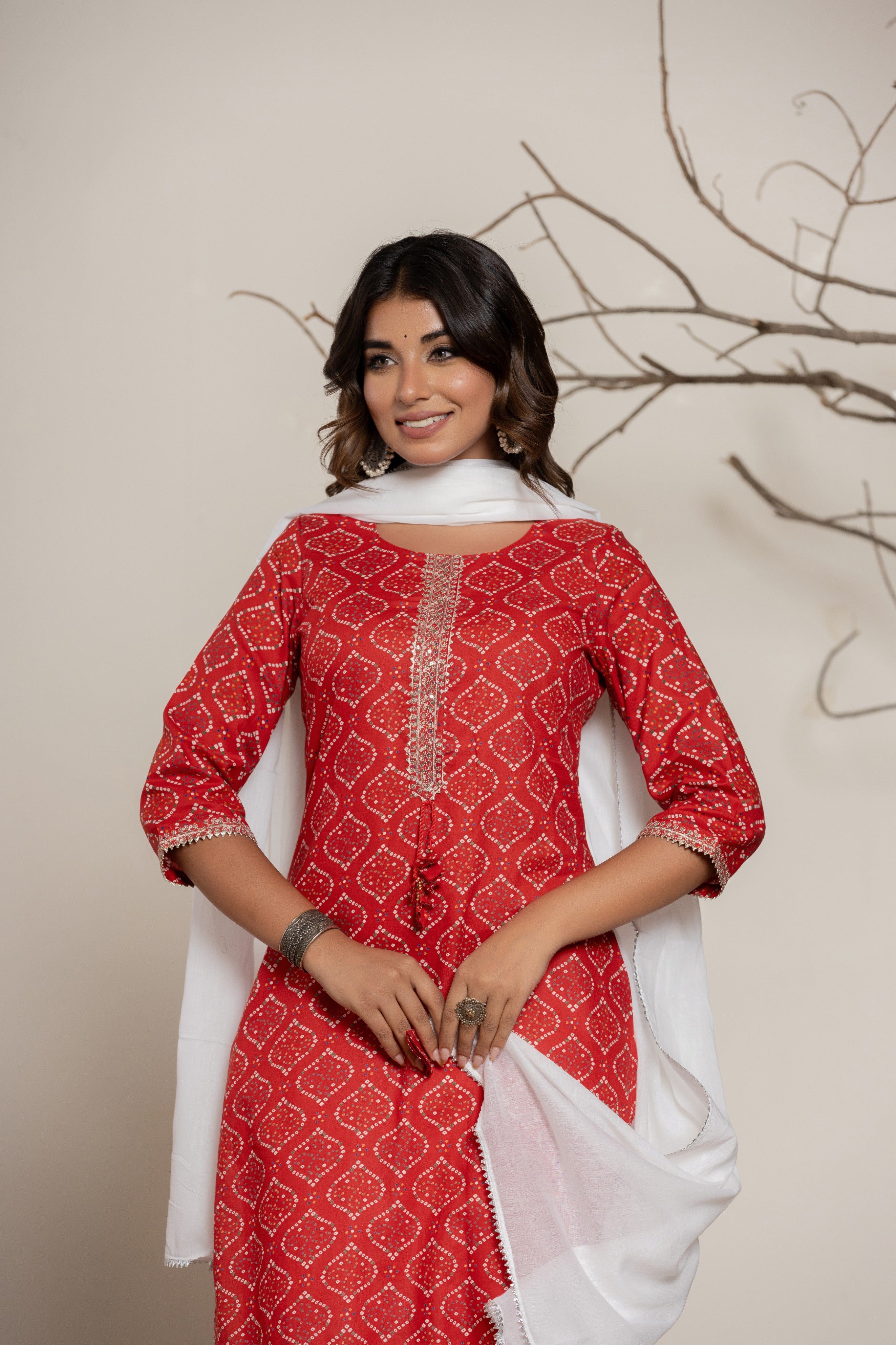 Red Bandhani Print Cotton Kurta