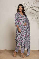 Grey & Pink Block Print Cotton Kurta Set