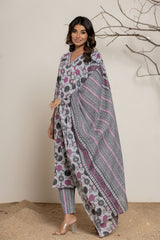 Grey & Pink Block Print Cotton Kurta