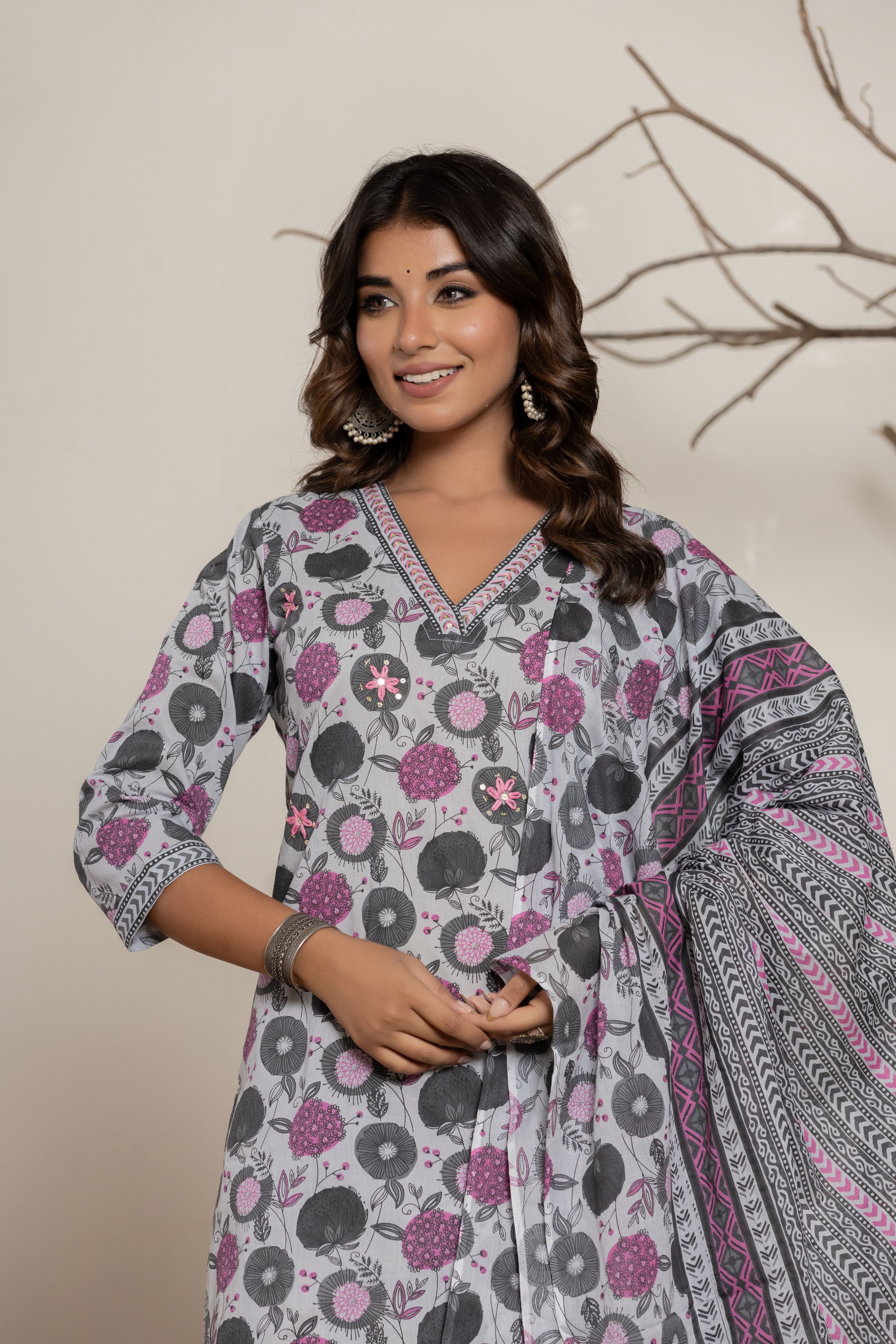 Stylish Grey and Pink Block Print Kurta Set