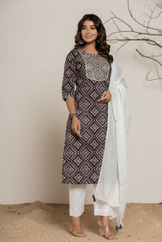 Black Bandhani Print Pure Cotton Kurta Set (3 piece suit)