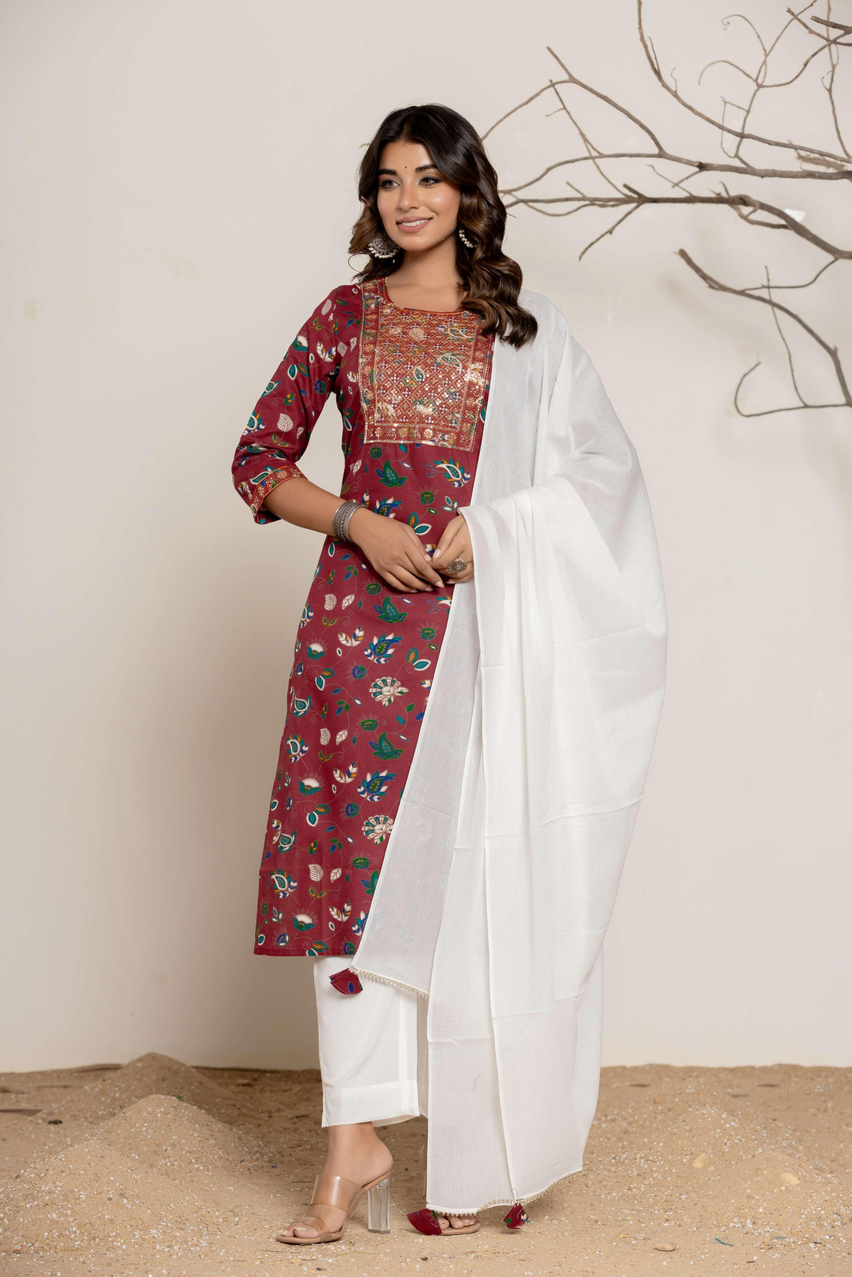 indian suit with white dupatta and plazzo