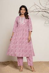 Lavendar Bandhani Print Pure Cotton Kurta Set (3 piece suit)