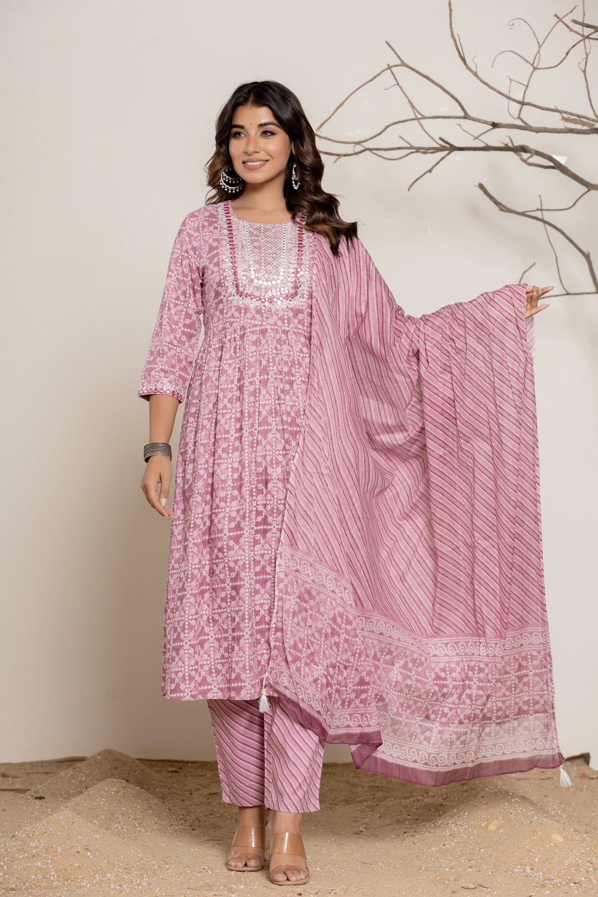 Lavendar Bandhani Print Pure Cotton Kurta Set (3 piece suit)