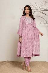 Lavendar Bandhani Print Pure Cotton Kurta Set (3 piece suit)