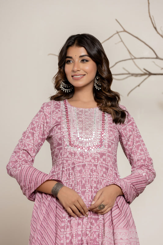 Lavendar Bandhani Print Pure Cotton Kurta Set (3 piece suit)