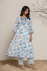 Blue Floral Print Pure Cotton Kurta Set (3 piece suit)