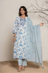 Blue Floral Print Pure Cotton Kurta Set (3 piece suit)