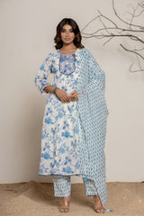 Blue Floral Print Pure Cotton Kurta Set (3 piece suit)