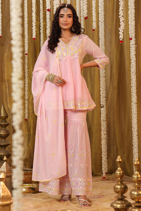 Pink Mulmul Cotton Sharara Set (3 piece suit)