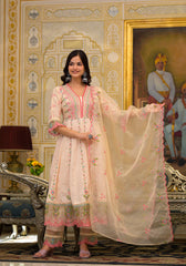 peach frock suit with organza dupatta