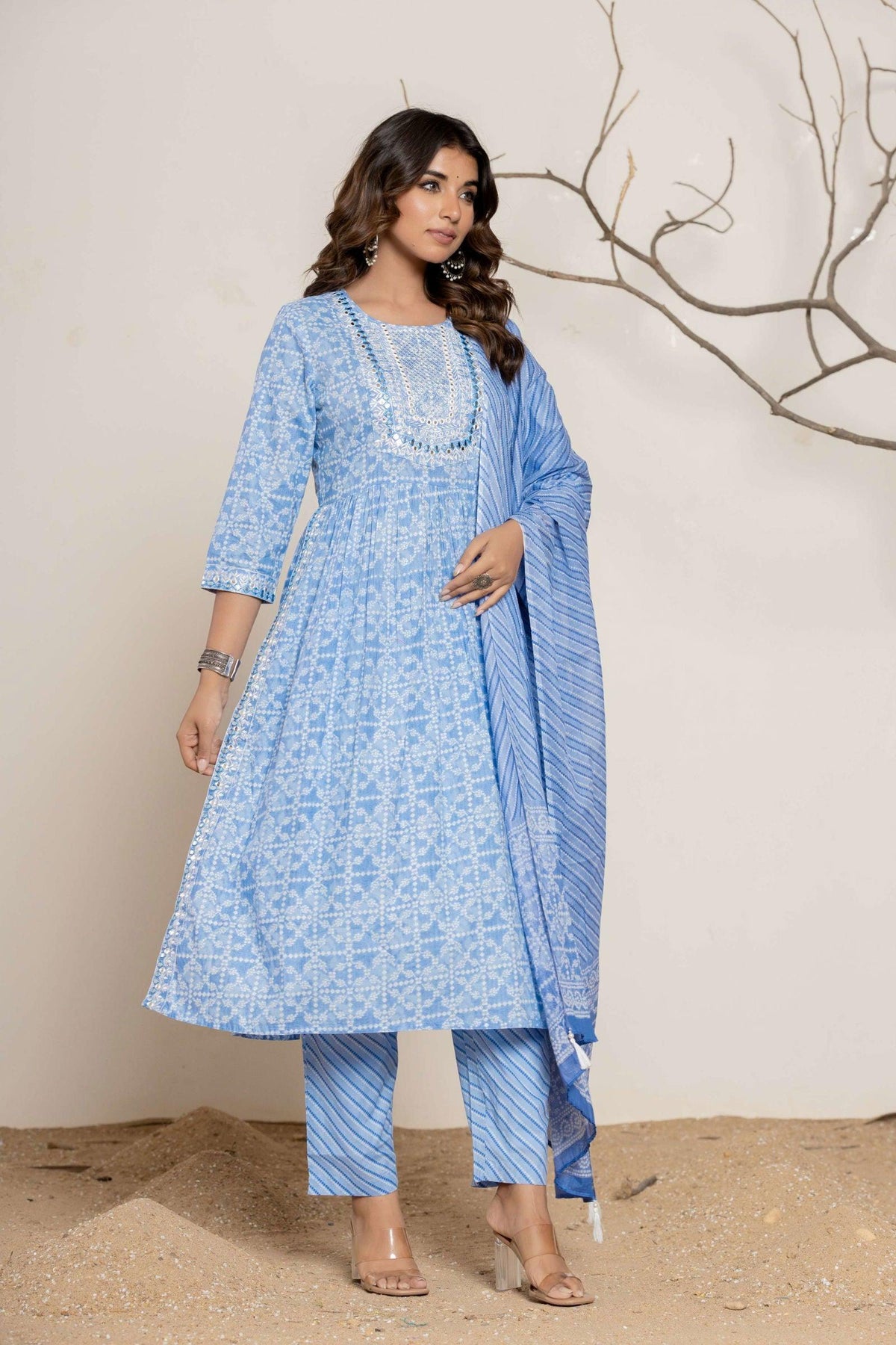 Blue Bandhani Print Pure Cotton Kurta Set (3 piece suit) - Arkiyah Fashion