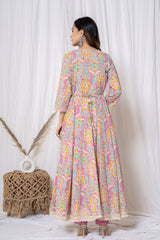 Multicolour Floral Print Angrakha Cotton Kurta Set (3 piece suit)