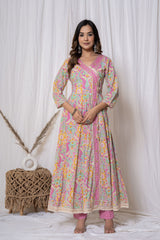 Multicolour Floral Print Angrakha Cotton Kurta Set (3 piece suit)