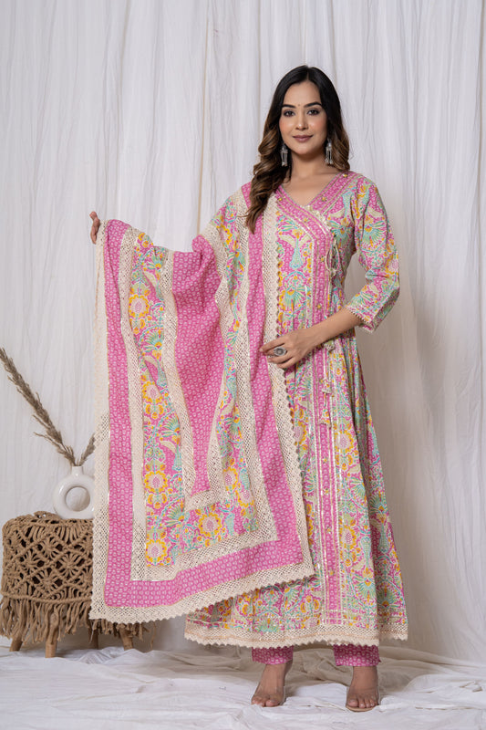 Multicolour Floral Print Angrakha Cotton Kurta Set (3 piece suit)