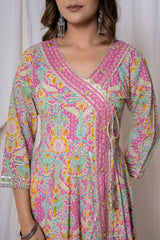 Multicolour Floral Print Angrakha Cotton Kurta Set (3 piece suit)