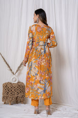 Mustard Yellow Floral Print Chinnon Suit Set (3 piece suit)