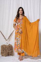 Mustard Yellow Floral Print Chinnon Suit Set (3 piece suit)