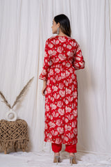 Red Floral Print Chinnon Kurta Set (3 piece suit)