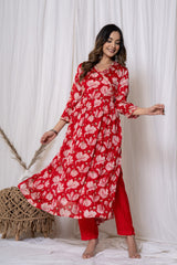 Red Floral Print Chinnon Kurta Set (3 piece suit)