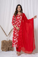 Red Floral Print Chinnon Kurta Set (3 piece suit)