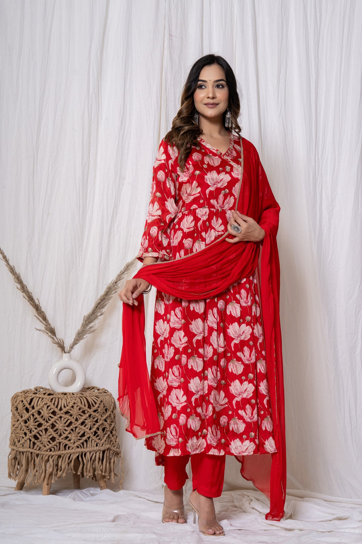 Red Floral Print Chinnon Kurta Set (3 piece suit)