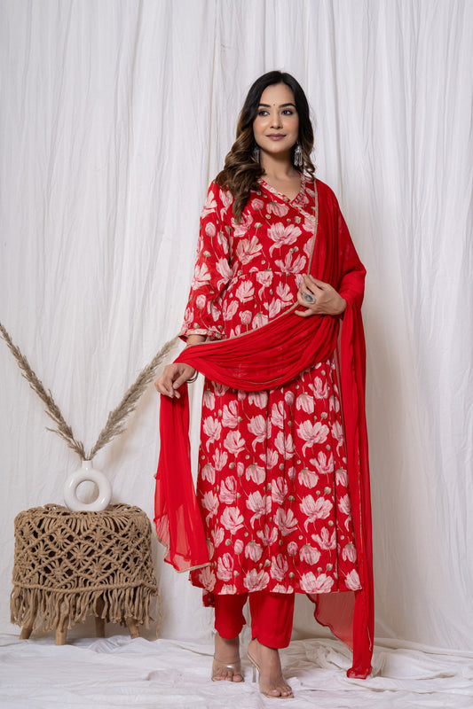 Red Floral Print Chinnon Kurta Set (3 piece suit)