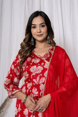 Red Floral Print Chinnon Kurta Set (3 piece suit)