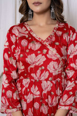 Red Floral Print Chinnon Kurta Set (3 piece suit)