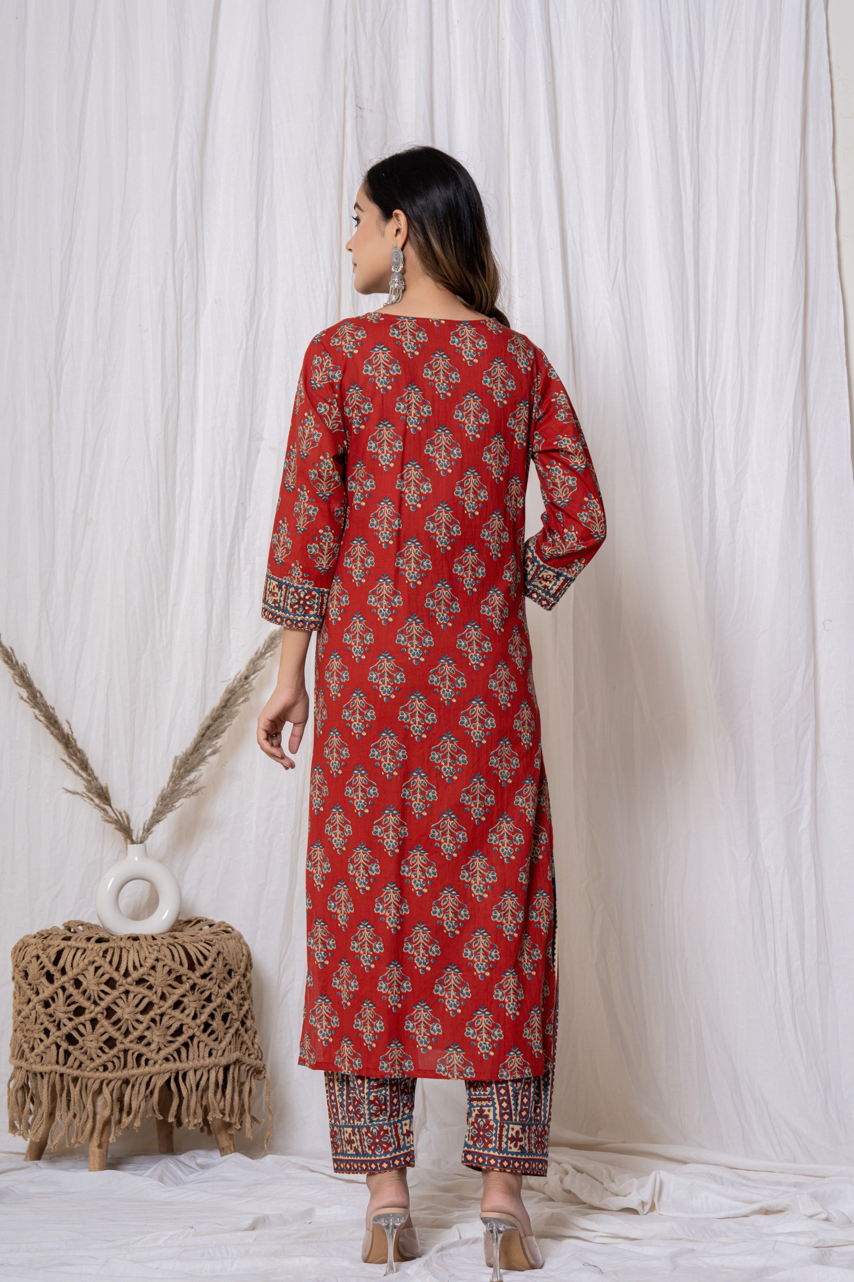 Cherry Red Block Print Cotton Kurta