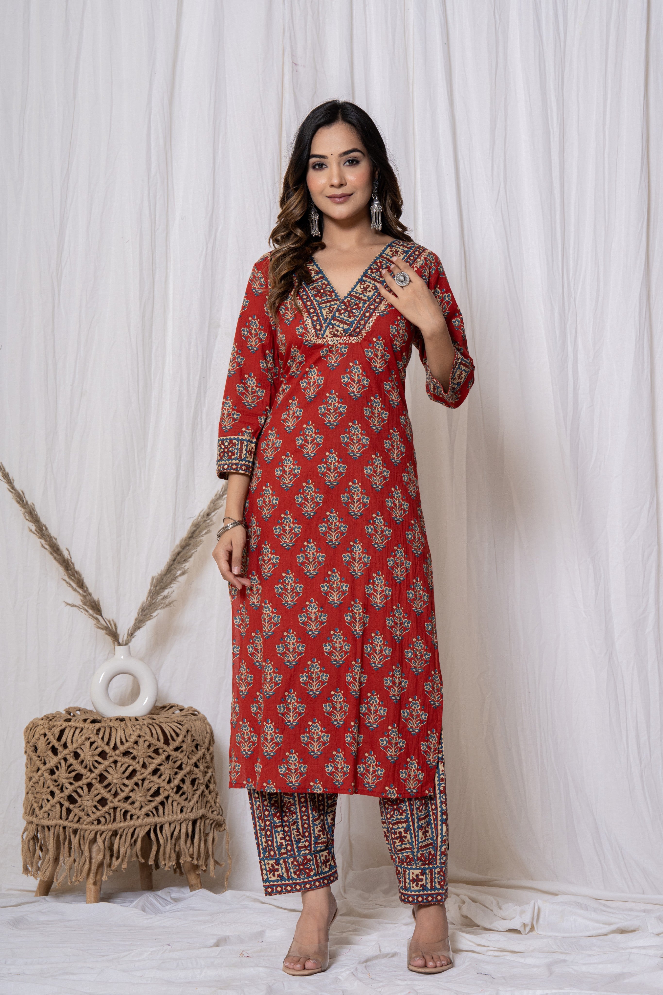 Cherry Red Block Print Cotton Kurta for Women