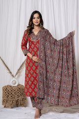 Red Cotton Suit Duptta Set