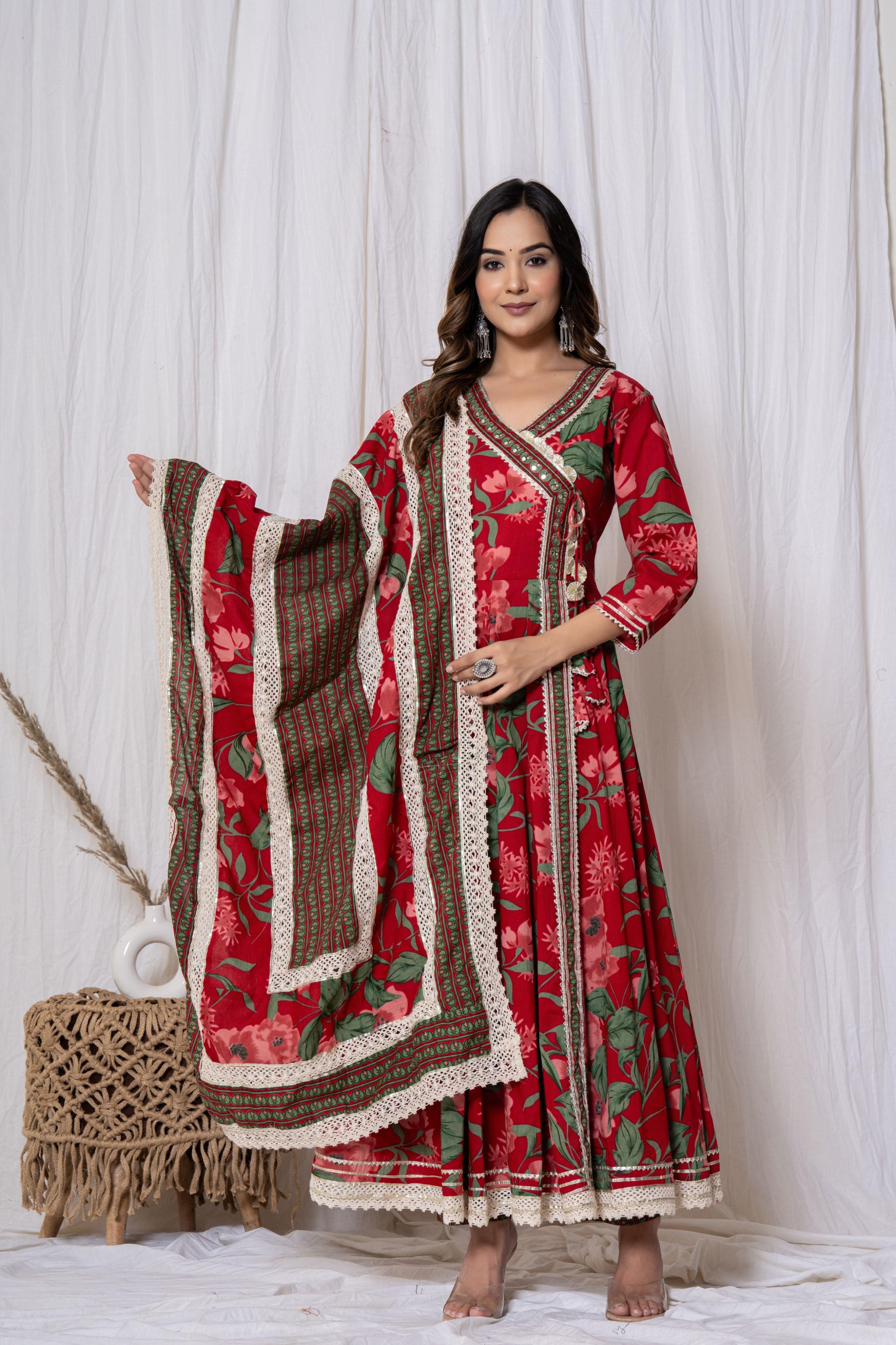 Red floral kurta set with duppatta