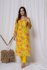 Yellow Floral Print Chinnon Suit Set (3 piece suit)