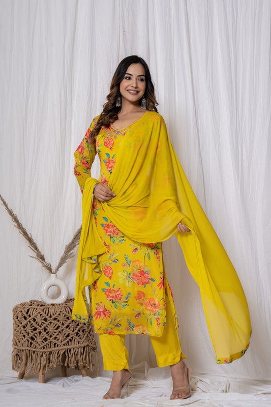 Yellow Floral Print Chinnon Suit Set (3 piece suit)