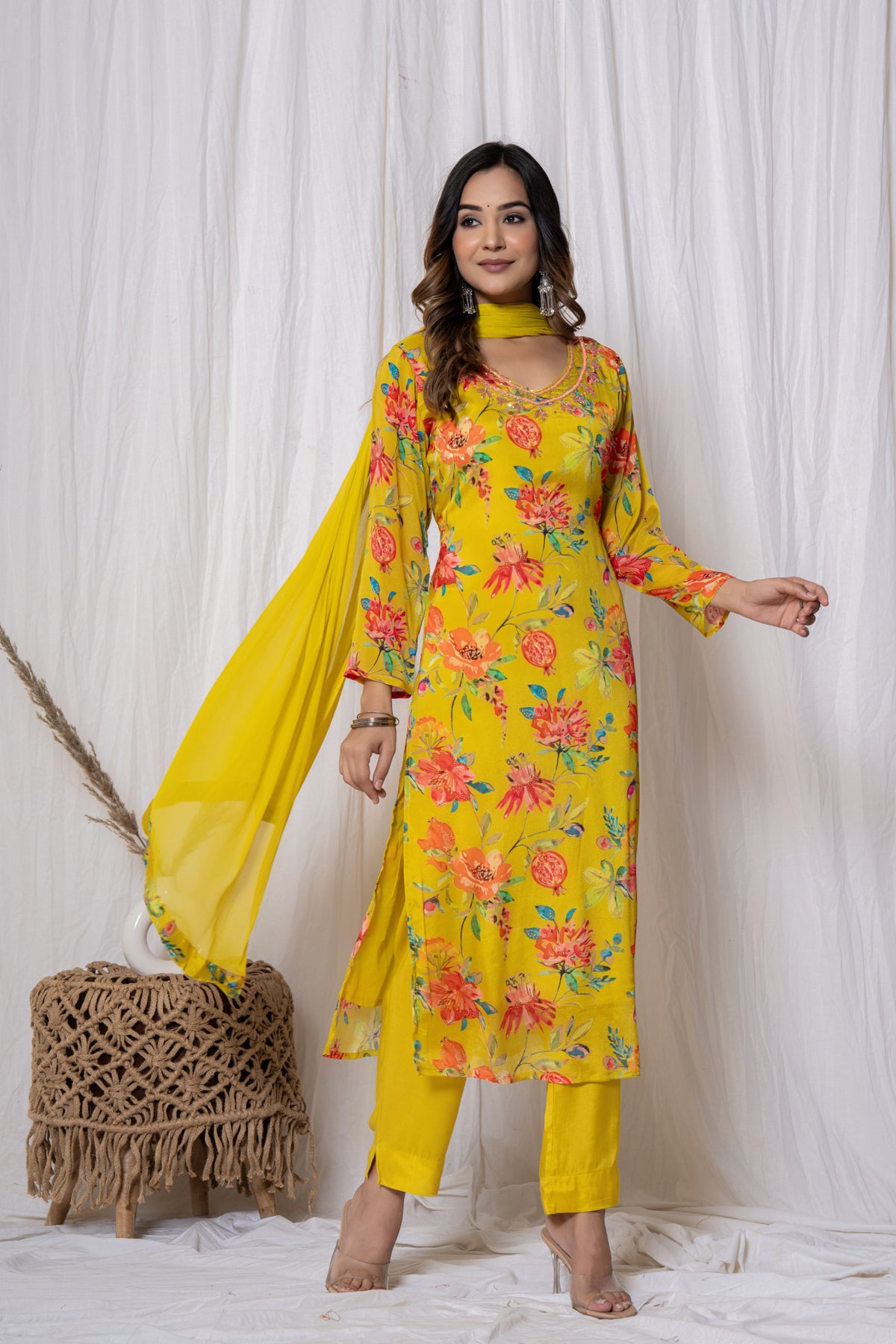 Yellow Floral Print Chinnon Suit Set (3 piece suit)