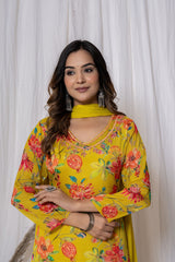 Yellow Floral Print Chinnon Suit Set (3 piece suit)