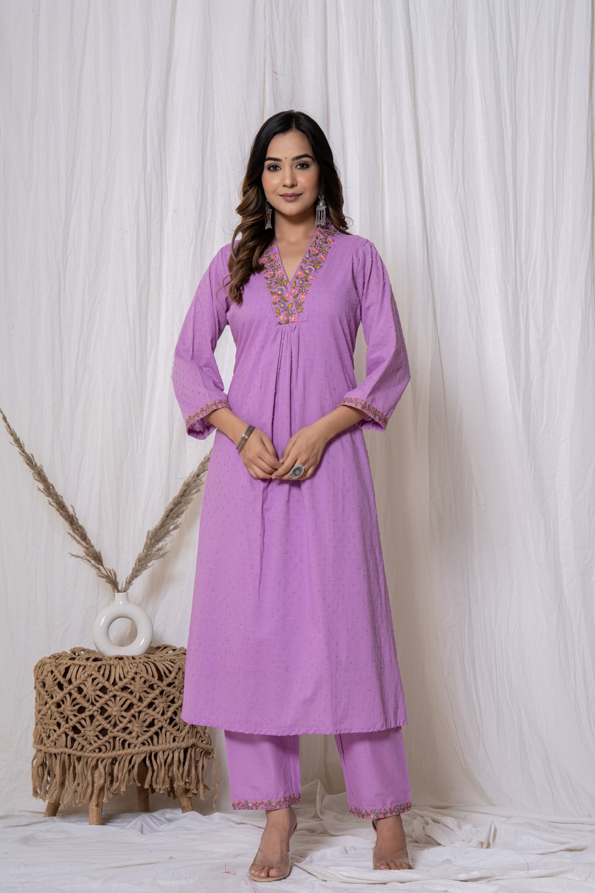 Purple Boota Work Cotton Kurta Set (2 piece set)