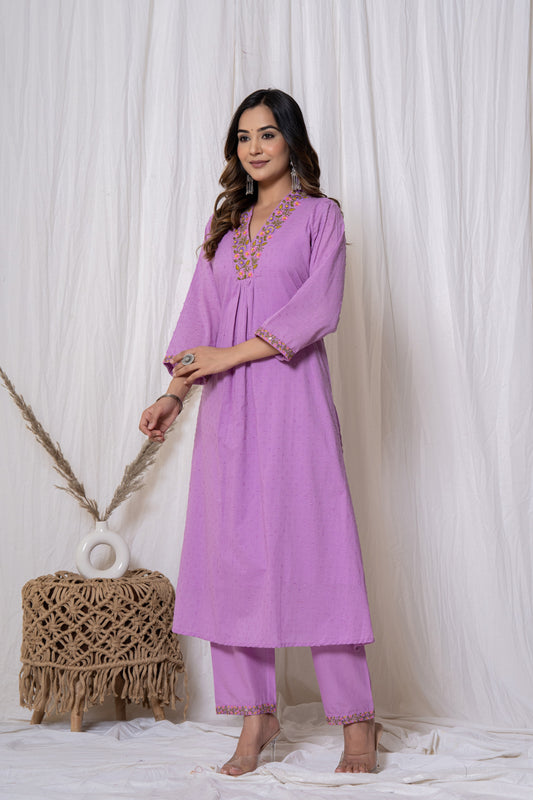 Purple Boota Work Cotton Kurta Set (2 piece set)